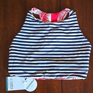 Carve Designs Sanitas Bikini crop top  Reversible Palm/Blue Stripe Small D/DD